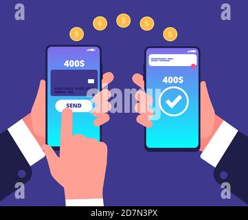 Online payment concept. Mobile transfers, wireless money payments with smartphone. Smart wallet vector background. Illustration of transfer payment, banking wallet online Stock Vector