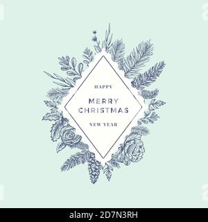 Merry Christmas Abstract Botanical Logo or Card with Rhombus Frame Banner and Modern Typography. Hand Drawn Spruce or Pine Branches, Holly, Mistletoe Stock Vector