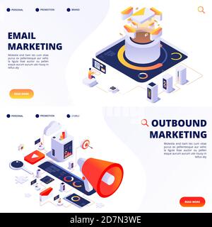 E-mail, outbound, internet marketing vector landing pages templates. Illustration of outbound marketing, e-mail strategy optimize Stock Vector