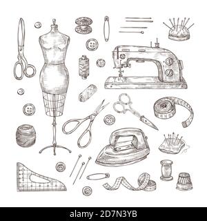 Sewing sketch. Tailor shop hand drawn sewing tool material vintage clothes needlework stitching dressmaker vector isolated items. Dressmaking illustration elements spool and pin Stock Vector