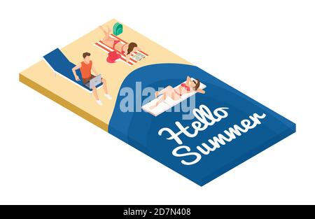 Isometric summer holidays on the beach vector concept. Freelancer and relaxing people at the sea. Illustration of summer beach isometric Stock Vector