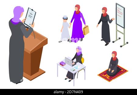 Isometric arab woman vector design. Muslim businesswoman, teacher, mother, student. Arabian teacher and islam lady pray illustration Stock Vector