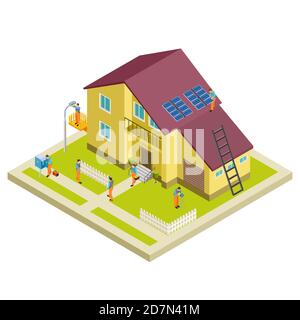 Vector construction, reconstruction and repair rural house isometric concept. Illustration of building construction, window and door Stock Vector
