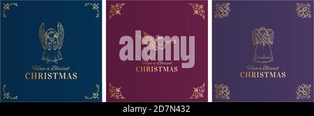 Merry Christmas Abstract Vector Classy Labels, Signs or Cards Templates Set. Hand Drawn Golden Angels Silhouettes Sketch Illustrations Collection with Stock Vector