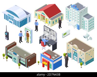 Security system for various public buildings isometric vector collection. Illustration of building isometric, bank and mall, outdoor control Stock Vector