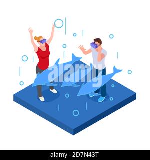 Underwater virtual reality, happy man and woman in VR glasses with dolphins isometric vector illustration. Virtual glasses reality, man underwater sea, digital headset Stock Vector