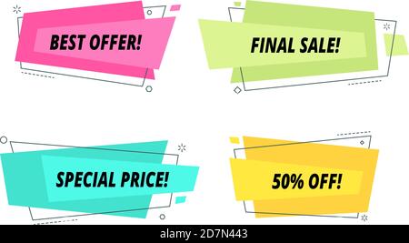 Modern sale tags set. Price label text shape bubble wholesale purchase banner promotional ribbon colorful shopping vector sticker. Discount bubble shape, price promo label illustration Stock Vector