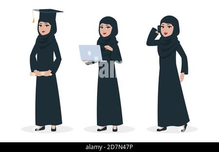 Modern arab woman vector character. Muslim woman graduate and business lady illustration. Arabic business woman in traditional dress Stock Vector