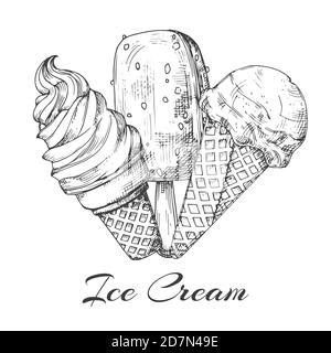 Hand drawn ice cream logo. Sketch of ice cream vector isolated on white background. Illustration of ice cream food, drawing delicious Stock Vector