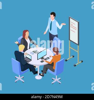 Isometric business meeting or conference with info desk vector illustration. Conference isometric, management and training business Stock Vector
