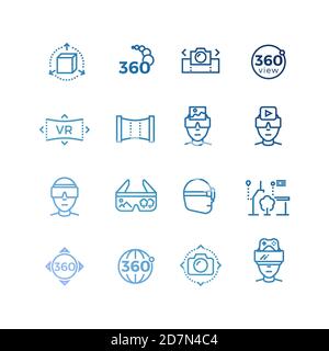 Virtual reality line icons and device collection. Gadget mobile for video, glasses vr illustration Stock Vector