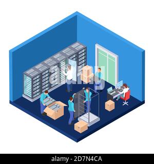 Server room isometric. Information technology server engineer 3D vector illustration. Datacenter system, hosting communication security Stock Vector