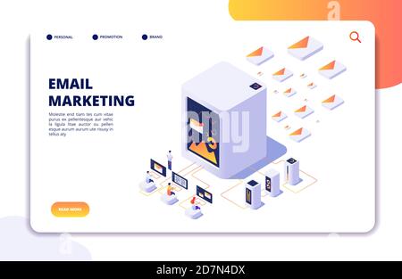 Email marketing isometric concept. Mail automation strategy. Email outbound campaign, message marketing vector landing page. Business e-mail marketing, digital service illustration Stock Vector