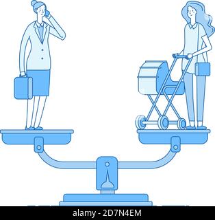 Choosing between career and family. Work family balance, happy mom with stroller and businesswoman on scale vector concept. Businesswoman and woman with baby compare illustration Stock Vector