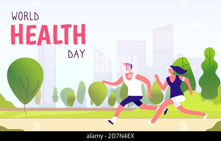 World health day background. Healthy lifestyle man woman fitness fun runner healthcare global medicine holiday vector concept. Runner health sport, fitness exercise activity illustration Stock Vector