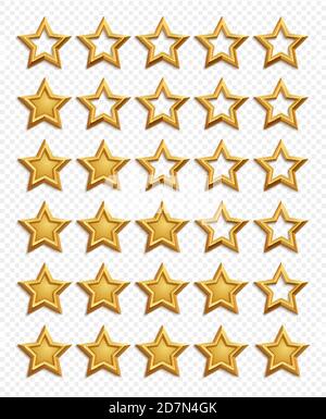 Five stars rating system. Gold stars rating vector isolated on transparent background. Star rating quality, review service ranking illustraion Stock Vector
