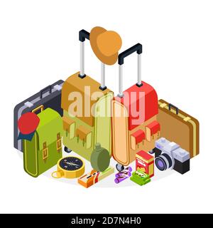 Isometric travel vector illustration. Luggage, suitcases, backpack and hike accessorises. Baggage travel isometric, briefcase and backpack Stock Vector