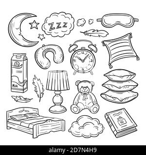 Sleeping doodle set. Sleep pillow feathers dream zzz night dreaming. Bedtime vector hand drawn collection. Sleep and dream, moon and star, rest time illustration Stock Vector