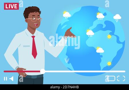 Man anchorman wheather channel vector illustration. Worldwide weather forecast concept. Weather news tv, forecast reporter about rain and sun Stock Vector