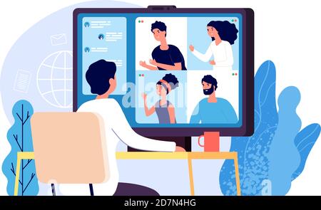 Video conference. People group on computer screen taking with colleague. Video conferencing and online communication vector concept. Illustration of communication screen conference, videoconferencing Stock Vector