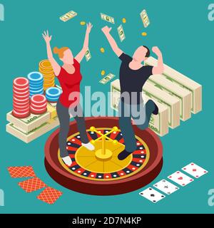 Man and woman won at the casino isometric vector illustration. Casino roulette, people play gambling Stock Vector