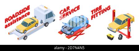 Auto service isometric. Roadside assistance, tire fitting, car repair service vector illustration. Isometric cars, tow truck, wheels. Assistance car service roadside, repair vehicle and help on road Stock Vector