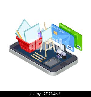 Artistic tools online store vector concept isolated. Illustration of shop online for artist, paint tool drawing Stock Vector