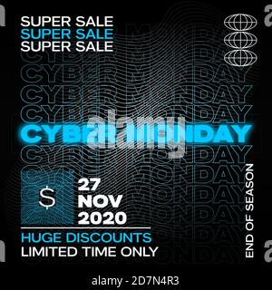 Neon Cyber Monday Typography Banner, Poster or Flayer Template. Creative Wave Grid Background Concept. Abstract Fluorescent Decorative Elements. Sale Stock Vector