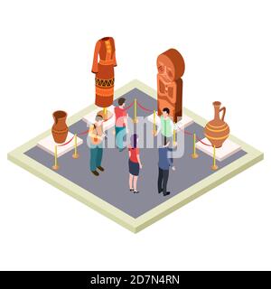 Exhibition of antiquities, art gallery isometric vector concept. Isometric museum exhibit with ancient culture illustration Stock Vector