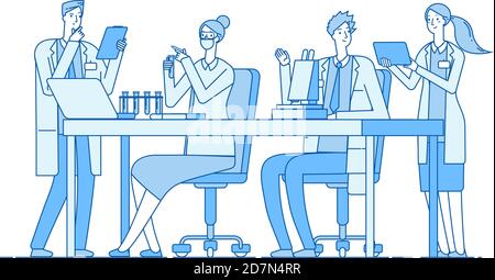 Scientists in lab. Research team chemist doctors analysis microscope in laboratory. Medical education bioengineering vector concept. Medical lab scientist, laboratory experiment illustration Stock Vector
