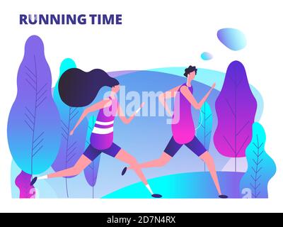 Man and woman running in park. Fitness workout and healthy body life style vector illustration. Fitness girl and active lifestyle run Stock Vector
