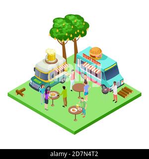 Summer street cafe, bbq party, picnic in the park isometric vector location. Isometric park, bbq party summer illustration Stock Vector