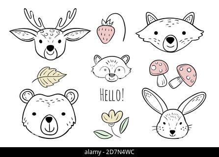 Doodle animals head. Nursery scandinavian style vector design elements. Animal baby doodle character, wildlife childish deer, fox and rabbit illustration Stock Vector