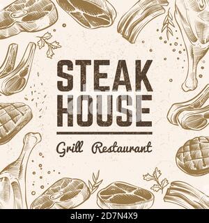Sketch meat background. Grill food menu. Vintage bbq meat hand drawn vector backdrop. Illustration of steak beef, bbq meat Stock Vector