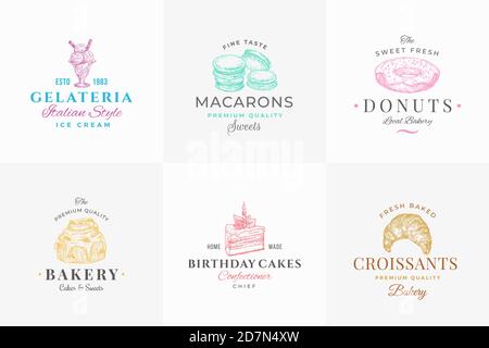 Premium Quality Confectionary Abstract Signs, Symbols or Logo Templates Collection. Hand Drawn Ice Cream, Donut and Cakes with Typography. Local Stock Vector