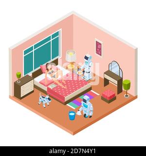 Isometric household robots. Vector robots, modern technologies for homework. Woman relaxing, androids are cleaned and cooked. Illustration robot intelligence, household equipment, help robot machine Stock Vector