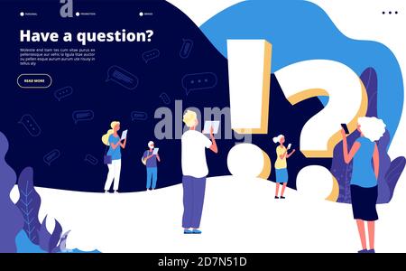 Faq landing page. People ask questions and get answers. Questioning person, problem solution abstract quiz vector concept. Faq web page, solution and ask service website illustration Stock Vector