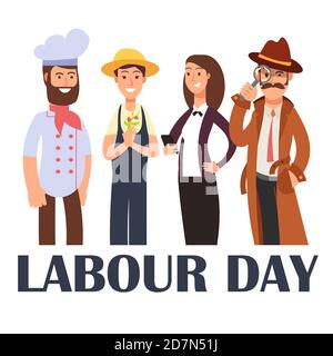 Cartoon people different proffesions isolated on white. Labour Day poster. Labour day, professional chef and detective, employer diversity illustration Stock Vector