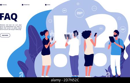 Faq landing page. Confusion people ask frequent question, get answer. Questioning persons, problem solution useful quiz vector concept. Illustration of faq web page, question and answer Stock Vector