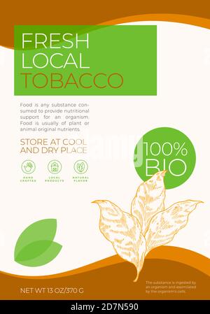 Fresh Local Herbs Label Template. Abstract Vector Packaging Design Layout. Modern Typography Banner with Hand Drawn Tobacco Leaves Sketch Silhouette Stock Vector