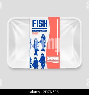Realistic plastic container with hand drawn fish label vector design. Illustration of container package, pack plastic Stock Vector