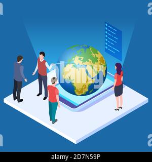 Lecture about earth vector illustration. Save the planet isometric concept. Planet globe, meeting eco presentation, news save earth Stock Vector