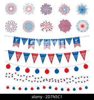 American flag color banners, garlands and fireworks vector collection. Happy Independence Day, 4th July, american holidays design elements isolated on white background. Usa celebration fireworks Stock Vector