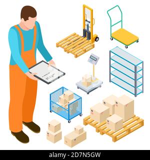 Warehouse equipment, trolley, parcels isometric vector collection. Illustration of trolley and forklift, storage isometry distribution Stock Vector