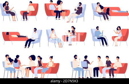 Group therapy. People crowd consulting with psychologist, persons talking to psychotherapist. Family psychoanalysis vector characters. Illustratration of psychotherapy problem, psychotherapist Stock Vector