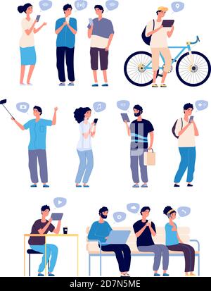 Chatting people. Persons in online conversations, internet friends searching. Web communication with mobile phone. Vector characters. Illustration of chat communication, chatting messenger Stock Vector