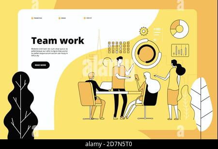 Teamwork landing page. Employees working together. Data analysis, effective professional cooperation. Startup vector web template. Illustration cooperation teamwork, web site, effective startup Stock Vector