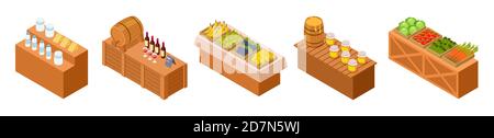 Farmers market stalls. Isometric traditional meal, vegetables and fruit. Vector wooden counters with fresh goods. Illustration organic market, farmers stand and stall with wine and honey Stock Vector