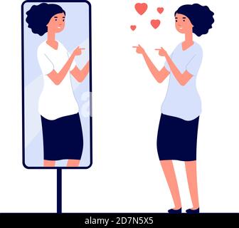 Woman at mirror. mirrored happy girl. cartoon reflected beautiful female narcissism and love of self vector concept. Illustration of woman look at mirror, happy character female Stock Vector