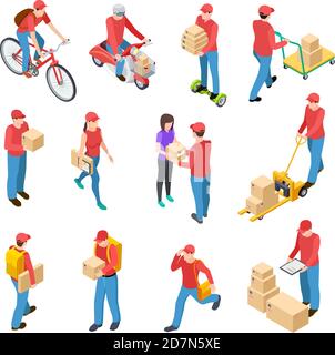 Delivery isometric. Couriers deliveries postman guys delivering box motorcycle scuter courier 3d isolated vector characters. Isometric delivery, deliveryman package illustration Stock Vector